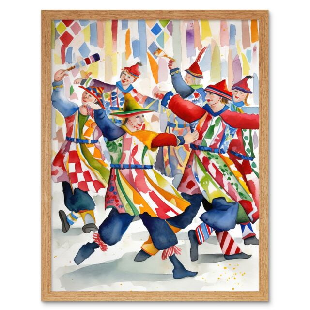 "Artery8 Wall Art Print Morris Dancers Dancing Folk Art Watercolour Painting Art Framed in Light Oak - Size: W12"" x H16""" - image 1