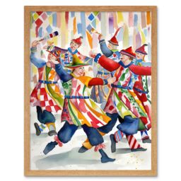 "Artery8 Wall Art Print Morris Dancers Dancing Folk Art Watercolour Painting Art Framed in Light Oak - Size: W12"" x H16""" - thumbnail 1