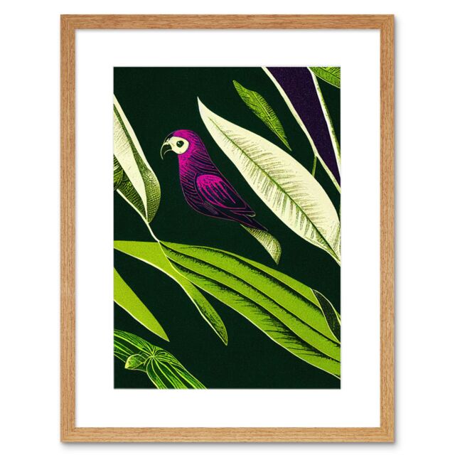 "Artery8 Wall Art Print Pink Parrot & Tropical Plant Leaves Vintage Linocut Pattern Detail Artwork Framed 9X7 Inch in Beige - Size: W7"" x H9""" - image 1