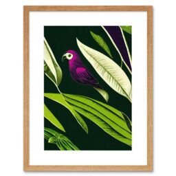 "Artery8 Wall Art Print Pink Parrot & Tropical Plant Leaves Vintage Linocut Pattern Detail Artwork Framed 9X7 Inch in Beige - Size: W7"" x H9""" - thumbnail 1