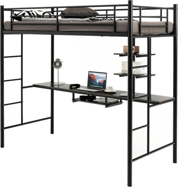 Costway 3.5FT Single Metal Loft Bed Frame High Sleeper Bunk Bed W/ Desk Storage Shelves in Black - image 1