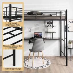 Costway 3.5FT Single Metal Loft Bed Frame High Sleeper Bunk Bed W/ Desk Storage Shelves in Black - thumbnail 4