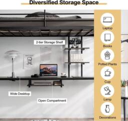 Costway 3.5FT Single Metal Loft Bed Frame High Sleeper Bunk Bed W/ Desk Storage Shelves in Black - thumbnail 2