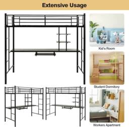 Costway 3.5FT Single Metal Loft Bed Frame High Sleeper Bunk Bed W/ Desk Storage Shelves in Black - thumbnail 5