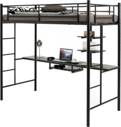 Costway 3.5FT Single Metal Loft Bed Frame High Sleeper Bunk Bed W/ Desk Storage Shelves in Black