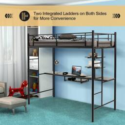 Costway 3.5FT Single Metal Loft Bed Frame High Sleeper Bunk Bed W/ Desk Storage Shelves in Black - thumbnail 3