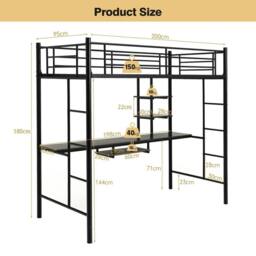 Costway 3.5FT Single Metal Loft Bed Frame High Sleeper Bunk Bed W/ Desk Storage Shelves in Black - thumbnail 6