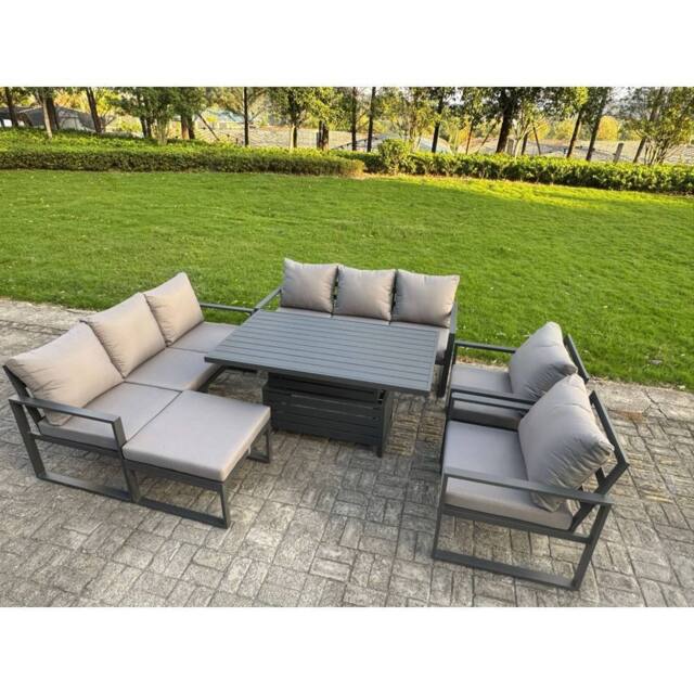 Fimous Aluminum 9-Seater Patio Set with Lifting Table, 2 Chairs & Big Stool in Dark Grey - image 1