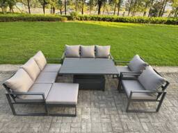 Fimous Aluminum 9-Seater Patio Set with Lifting Table, 2 Chairs & Big Stool in Dark Grey - thumbnail 2