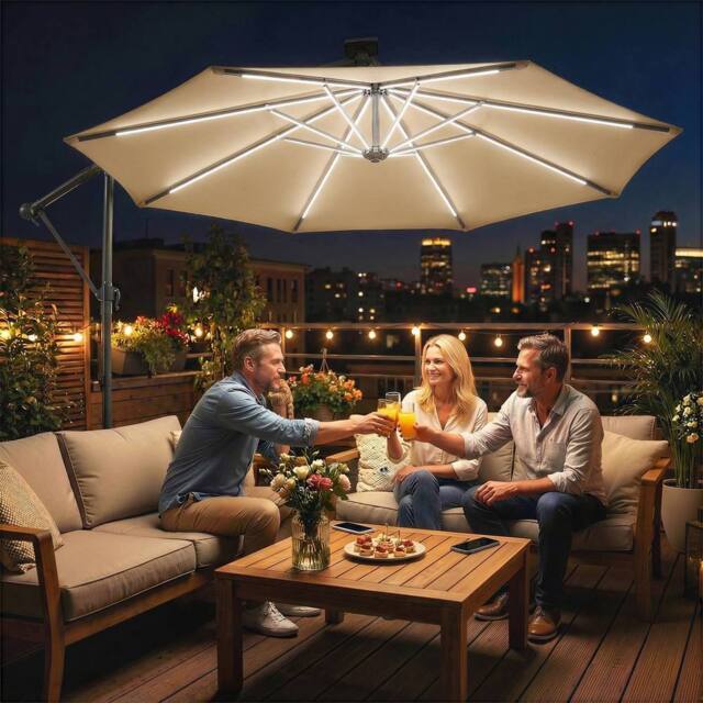 OUTSUNNY 3 m Garden Cantilever Parasol with Solar Light, Rotation in Khaki - Size: 3m x 3m