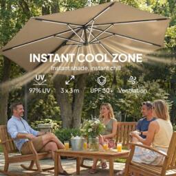 OUTSUNNY 3 m Garden Cantilever Parasol with Solar Light, Rotation in Khaki - Size: 3m x 3m - thumbnail 5