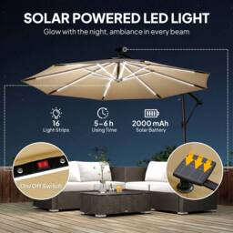 OUTSUNNY 3 m Garden Cantilever Parasol with Solar Light, Rotation in Khaki - Size: 3m x 3m - thumbnail 4