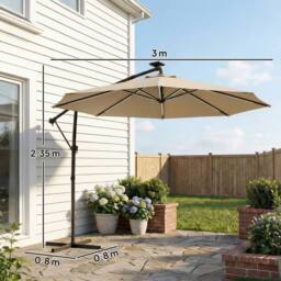 OUTSUNNY 3 m Garden Cantilever Parasol with Solar Light, Rotation in Khaki - Size: 3m x 3m - thumbnail 3