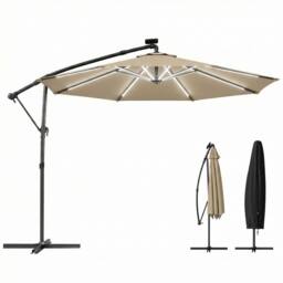 OUTSUNNY 3 m Garden Cantilever Parasol with Solar Light, Rotation in Khaki - Size: 3m x 3m - thumbnail 2
