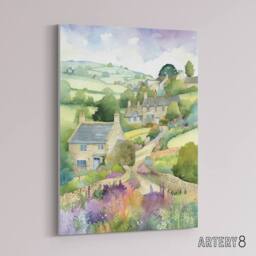 "Artery8 Countryside Landscape With Cottages Canvas Wall Art Print in Green - Size: W18"" x H24""" - thumbnail 2