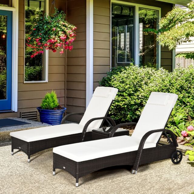 OUTSUNNY 3 PCS Rattan Lounger Recliner Bed Garden Furniture Set Side Table in Brown - image 1