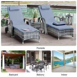 OUTSUNNY 3 PCS Rattan Lounger Recliner Bed Garden Furniture Set Side Table in Brown - thumbnail 8
