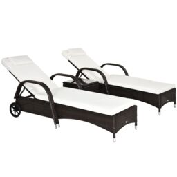 OUTSUNNY 3 PCS Rattan Lounger Recliner Bed Garden Furniture Set Side Table in Brown - thumbnail 2