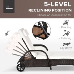OUTSUNNY 3 PCS Rattan Lounger Recliner Bed Garden Furniture Set Side Table in Brown - thumbnail 5