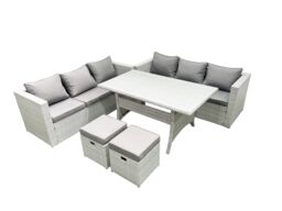 Fimous Rattan Garden Furniture Set 8 Seater Outdoor Sofa Set with Dining Table 2 Small Footstools Light Grey Mixed - thumbnail 2