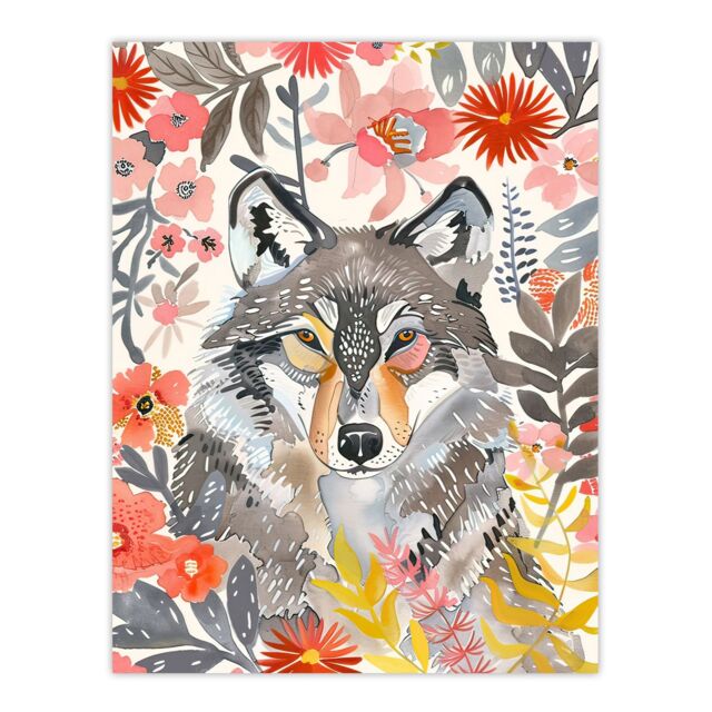 "Artery8 Grey Wolf Pink Floral Watercolour Animal Portrait Wall Art Print - Size: W18"" x H24""" - image 1