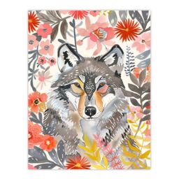 "Artery8 Grey Wolf Pink Floral Watercolour Animal Portrait Wall Art Print - Size: W18"" x H24""" - thumbnail 1