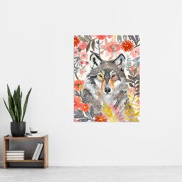 "Artery8 Grey Wolf Pink Floral Watercolour Animal Portrait Wall Art Print - Size: W18"" x H24""" - thumbnail 4