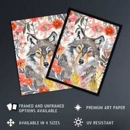 "Artery8 Grey Wolf Pink Floral Watercolour Animal Portrait Wall Art Print - Size: W18"" x H24""" - thumbnail 2