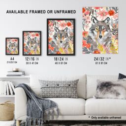 "Artery8 Grey Wolf Pink Floral Watercolour Animal Portrait Wall Art Print - Size: W18"" x H24""" - thumbnail 3