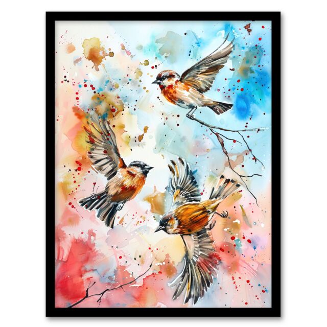 Artery8 Three Birds in Flight Watercolour Painting Framed Art Print in Blue - Size: A4 - image 1