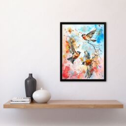 Artery8 Three Birds in Flight Watercolour Painting Framed Art Print in Blue - Size: A4 - thumbnail 4