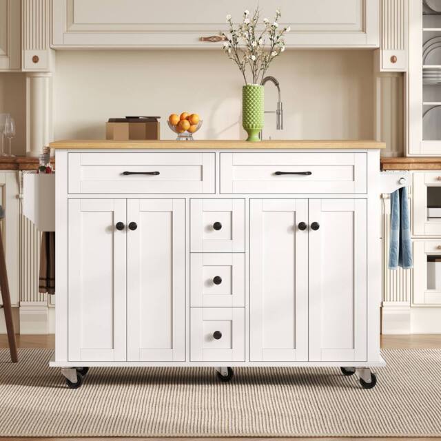 Merax Kitchen Island Trolley with Cabinet, Foldable Countertop & 5 Drawers in White - image 1