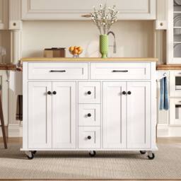 Merax Kitchen Island Trolley with Cabinet, Foldable Countertop & 5 Drawers in White
