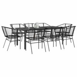 Berkfield Home 9 Piece Garden Dining Set Black Poly Rattan Glass - thumbnail 1
