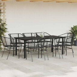 Berkfield Home 9 Piece Garden Dining Set Black Poly Rattan Glass - thumbnail 3