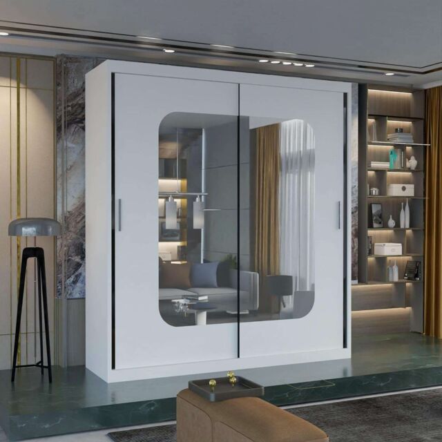 Sliding Wardrobes 4U Double Sliding Wardrobe with LED Light W150cm x H217cm x D62cm in White - image 1