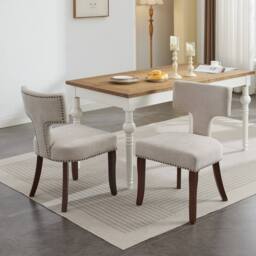 HomeTouch Set of 6 Linen Fabric Upholstered Dining Chairs Accent Chair in Beige - Size: 6 Pack - thumbnail 3