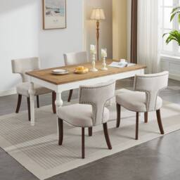 HomeTouch Set of 6 Linen Fabric Upholstered Dining Chairs Accent Chair in Beige - Size: 6 Pack - thumbnail 9