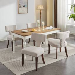 HomeTouch Set of 6 Linen Fabric Upholstered Dining Chairs Accent Chair in Beige - Size: 6 Pack - thumbnail 2