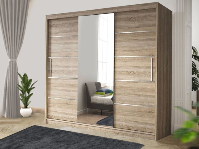 RAC3 Modern black Effect 250cm Sliding Door Wardrobe with Mirror & Integrated Drawers, Spacious Bedroom Storage in Light Oak - image 1