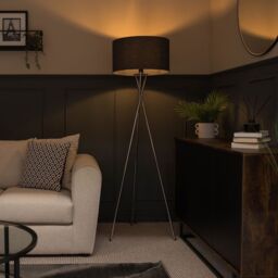 ValueLights Camden Polished Chrome Tripod Floor Lamp with Charcoal Drum Lamp Shade
