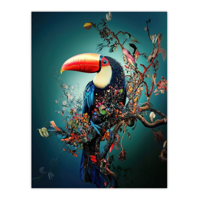 "Artery8 Toucan Bird Flowering Tree Branch Surreal Fantasy Wall Art Print in Blue - Size: W12"" x H16""" - image 1