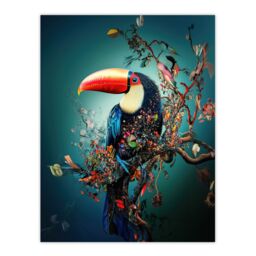 "Artery8 Toucan Bird Flowering Tree Branch Surreal Fantasy Wall Art Print in Blue - Size: W12"" x H16""" - thumbnail 1
