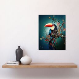"Artery8 Toucan Bird Flowering Tree Branch Surreal Fantasy Wall Art Print in Blue - Size: W12"" x H16""" - thumbnail 4