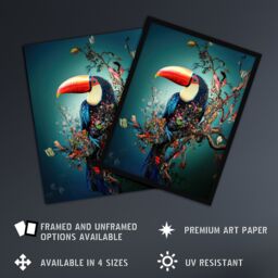"Artery8 Toucan Bird Flowering Tree Branch Surreal Fantasy Wall Art Print in Blue - Size: W12"" x H16""" - thumbnail 2