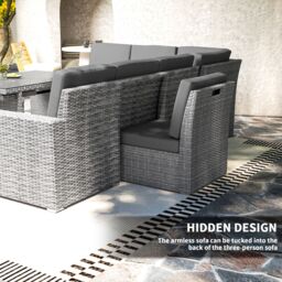 OUTSUNNY 10-Seater Sofa Sectional w/ Cushioned Seat, Footstools & Glass Table in Light Grey - thumbnail 6