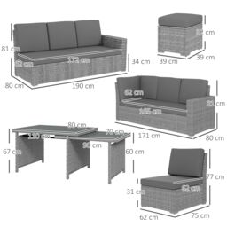 OUTSUNNY 10-Seater Sofa Sectional w/ Cushioned Seat, Footstools & Glass Table in Light Grey - thumbnail 3
