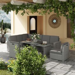 OUTSUNNY 10-Seater Sofa Sectional w/ Cushioned Seat, Footstools & Glass Table in Light Grey - thumbnail 8