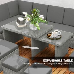 OUTSUNNY 10-Seater Sofa Sectional w/ Cushioned Seat, Footstools & Glass Table in Light Grey - thumbnail 4