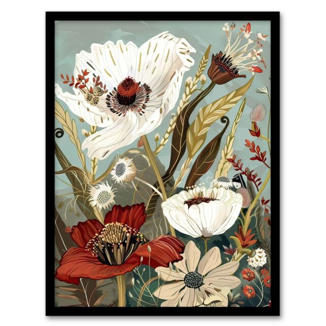 Artery8 Stylised Wildflowers Pastel Colour Design Framed Art Print in Grey - Size: A4 - image 1